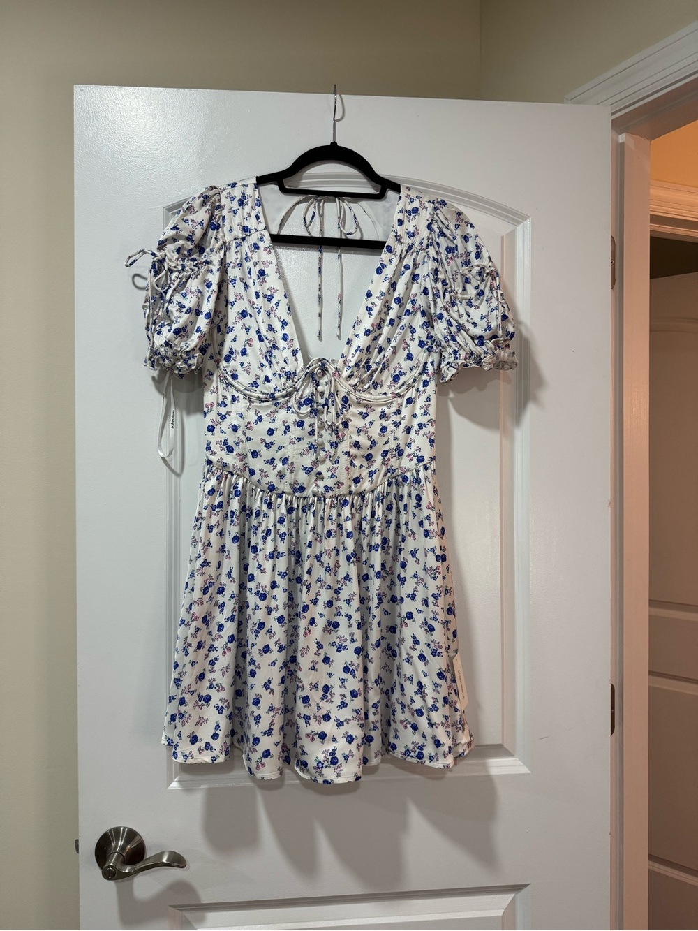 For Love & Lemons Paulina Corset White Mini Dress with Blue Floral Print - M - Picture 7 of 13